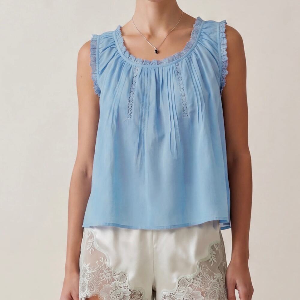 Few Moda Sorella Violetta Cotton Pleated Lace Trim Top Blue Size Small Coquette